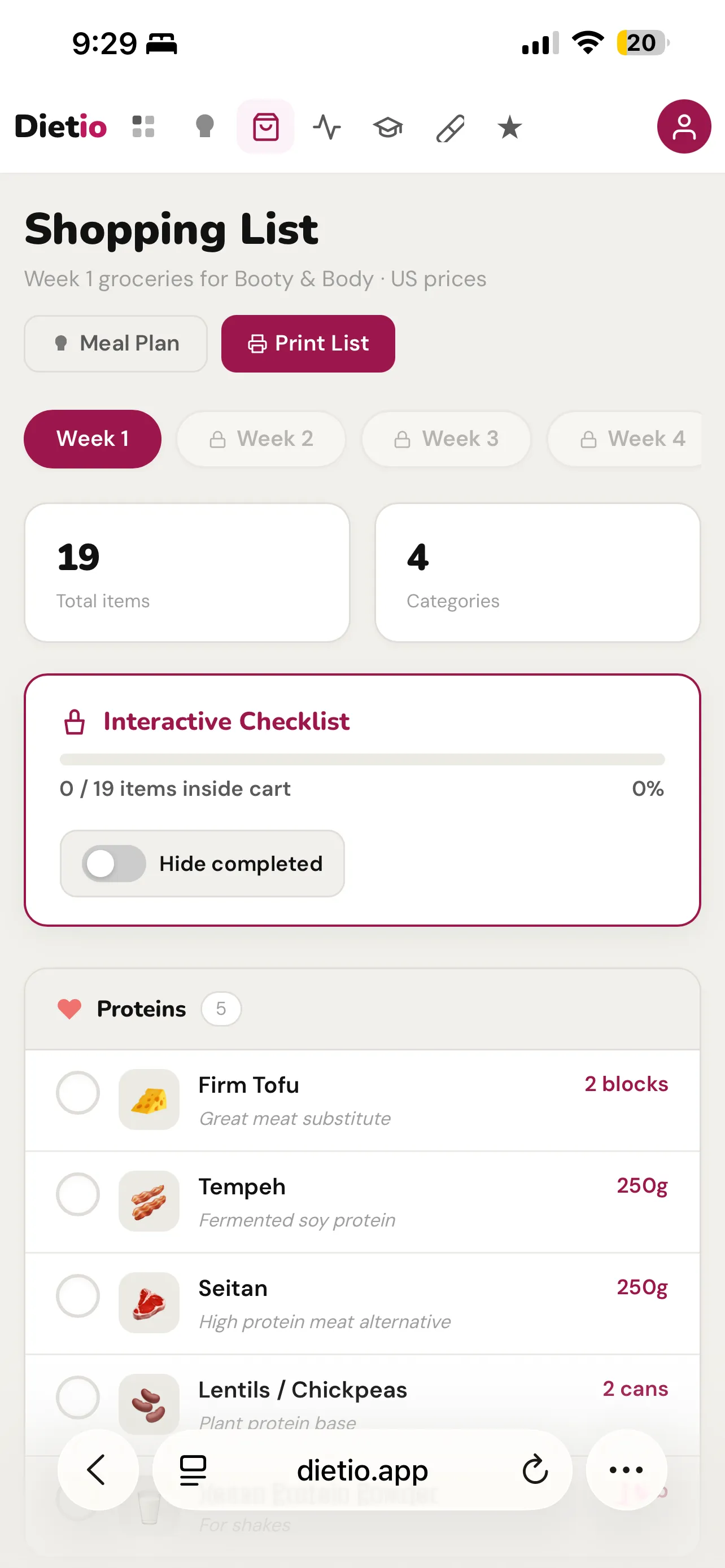 Dietio Booty Shopping List
