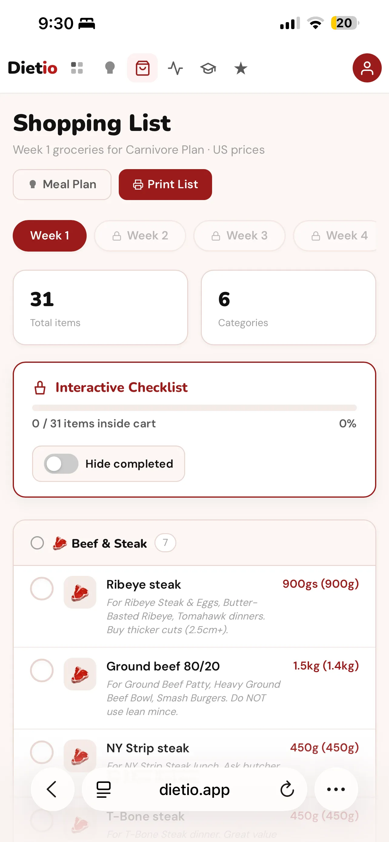 Dietio Carnivore Shopping List