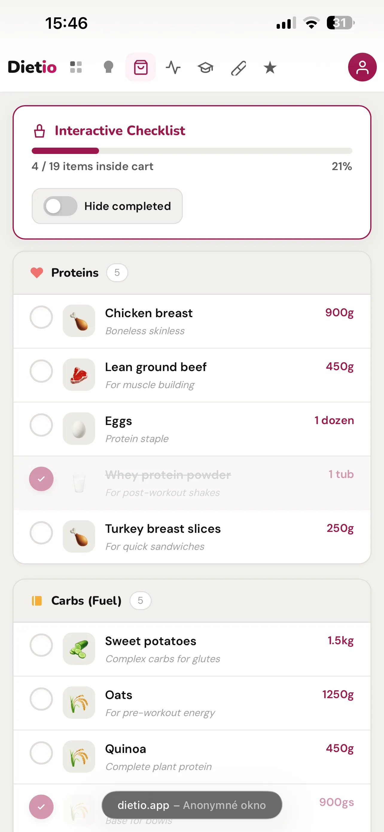 Dietio Shopping List